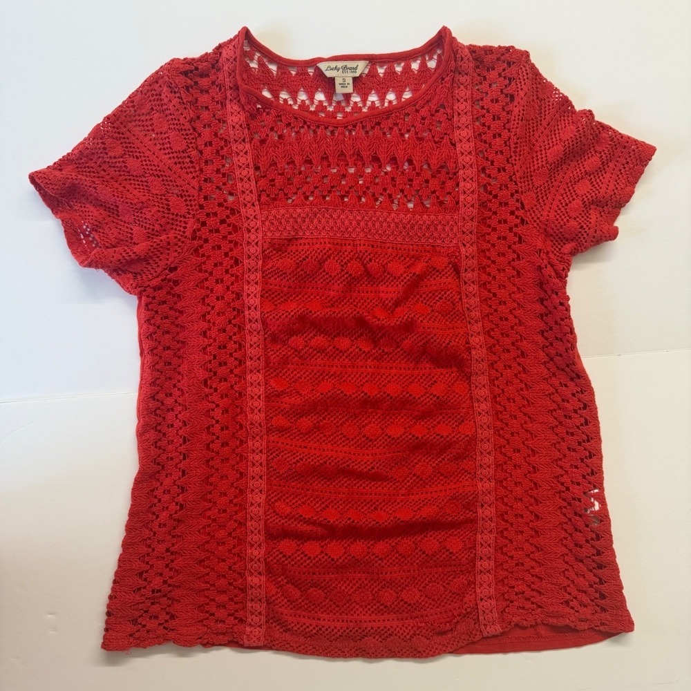 Lucky Brand Women Red Crochet Lace Short Sleeve Top Boho Crew Neck Small